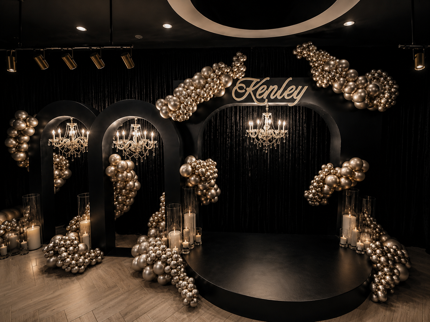 Kenley's Prom Celebration featuring black architecture, chandeliers, and champagne balloon styling